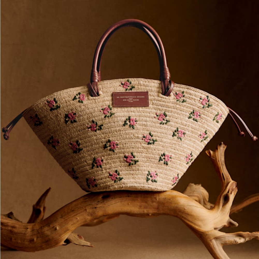 Sezane Justine Basket Bag Embroidered Pink Flowers Raffia-New with tags
